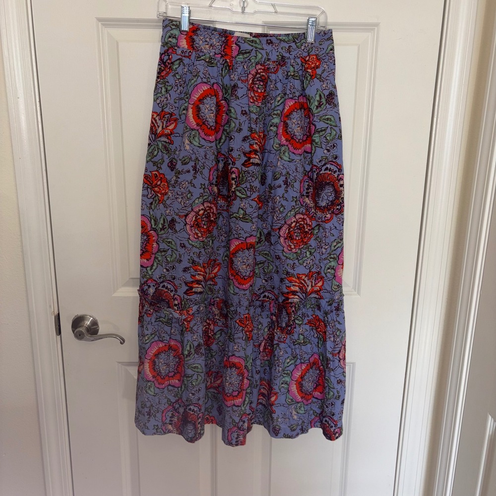 Cleobella Purple Floral Cotton Tiered Midi Skirt Smocked Back Boho Medium